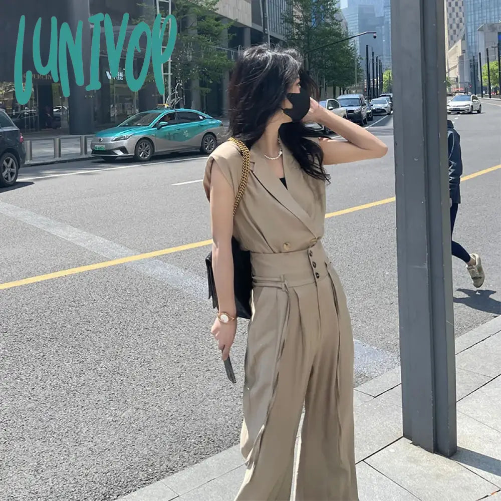 Lunivop Casual Fashion Summer Sleeveless Drawstring Sports Top + High Waist Wide Leg Pants Set Female High Street Office Wear Ladies Formal Linen Trousers