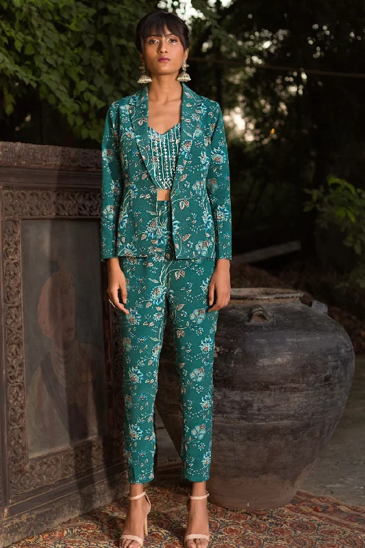 Teal Printed Pant Suit Elegant Silk Pants
