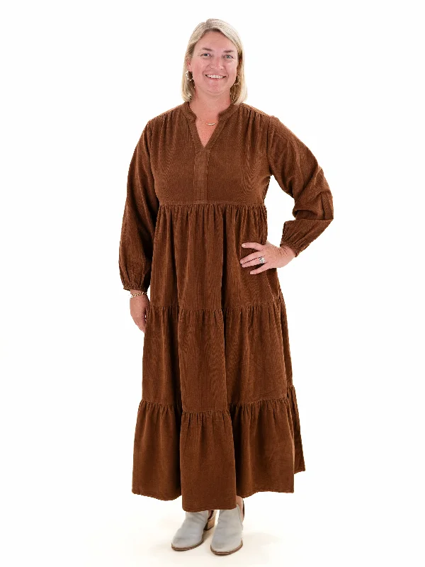 Solid Cord Layered Maxi Dress Tan by Orientique Stylish Maxi Dress with Frills