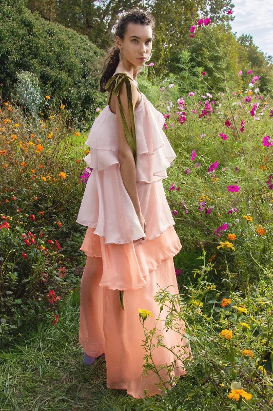 Aurae Rose Silk and Organza Maxi Dress Trendy Button Front Maxi Dress