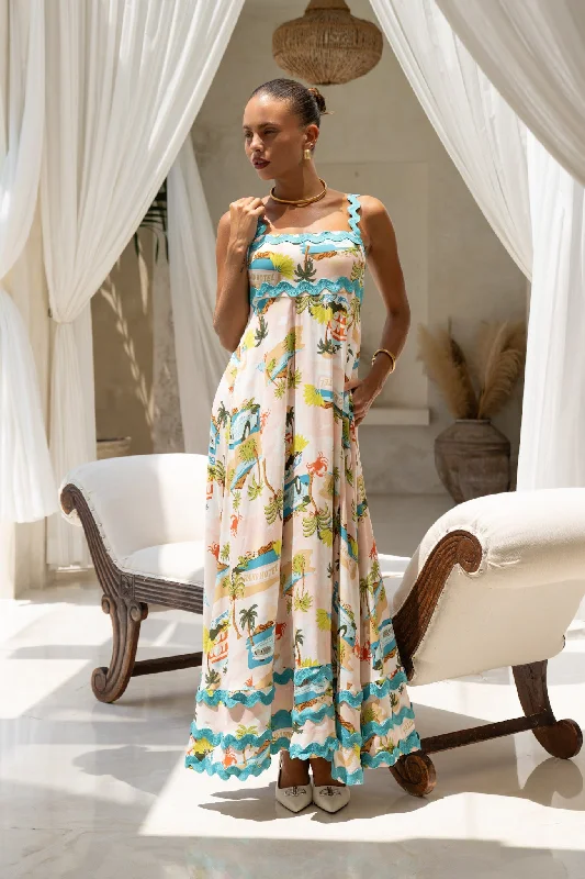 Beach Club Pink Abstract Ric Rac Maxi Dress Comfortable Long-Sleeve Maxi Dress