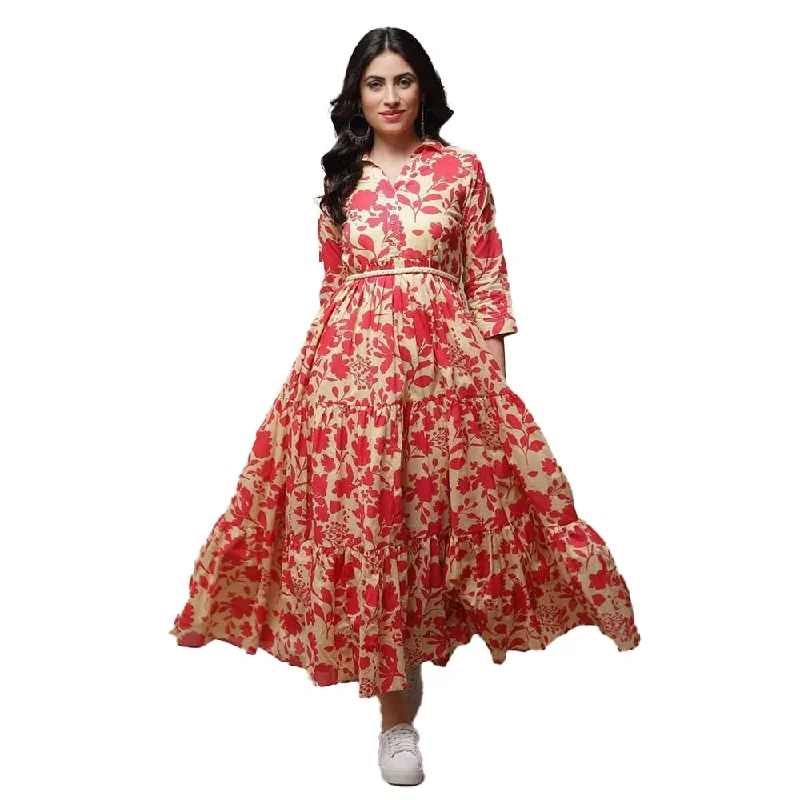BIBA Women's Voile Maxi Dress (Casual D1945_Beige_3XL) Elegant Floral Maxi Dress