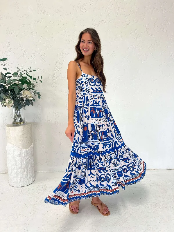 BLUE WAVE MAXI DRESS Trendy Maxi Dress with Belt