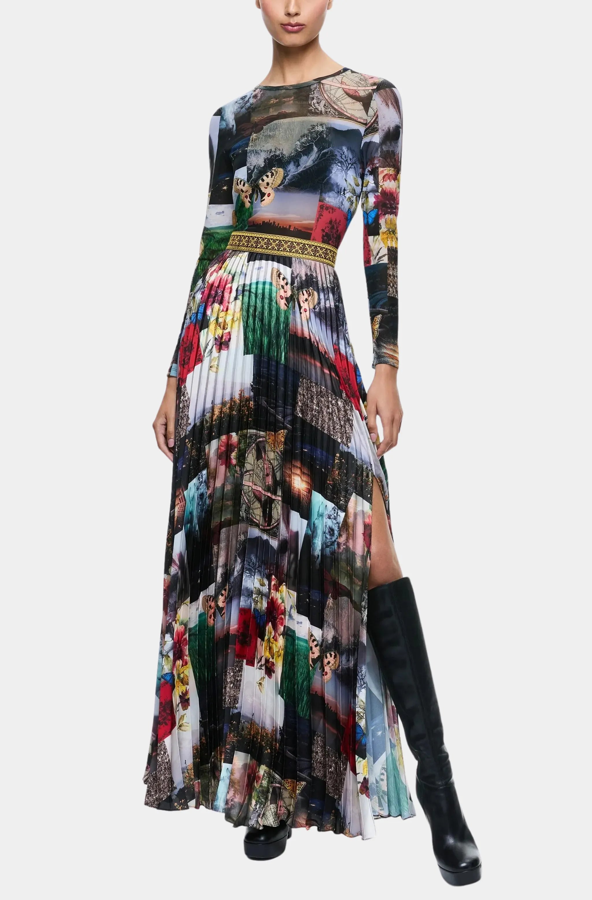 Ivey Long Sleeve Fitted Sunburst Pleat Maxi Dress Stylish A-Line Maxi Dress