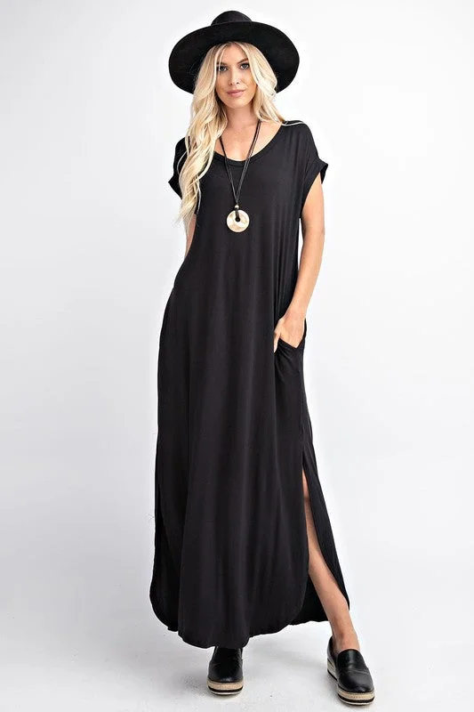 Oversized Black V-Neck Cuffed Short Sleeve Maxi Dress with Pockets Elegant Sleeveless Maxi Dress