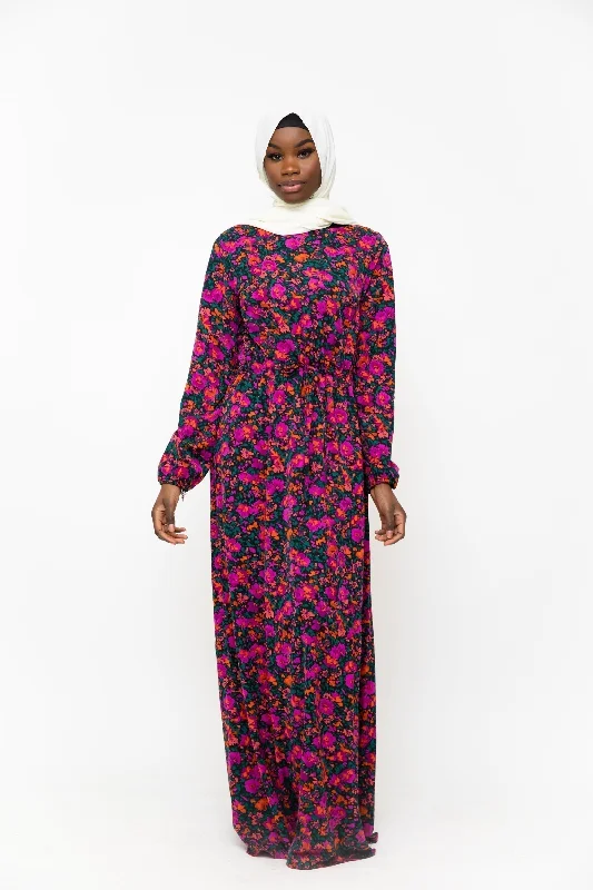 Floral Meadow Drawstring Maxi Dress - Clearance Trendy Satin Maxi Dress
