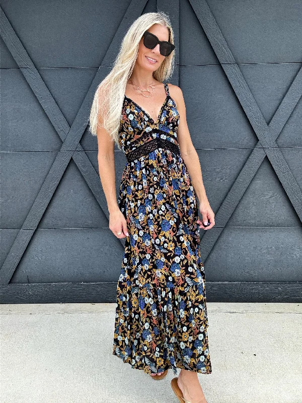 Floral Lace Trim Maxi Dress In Black Cozy Longline Maxi Dress