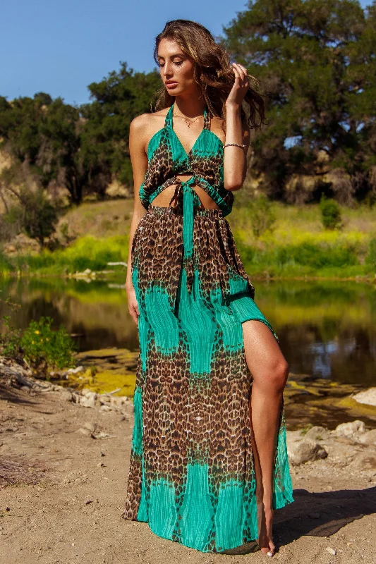 Green Leopard Chiffon Tie Up Maxi Dress Classic V-Neck Maxi Dress