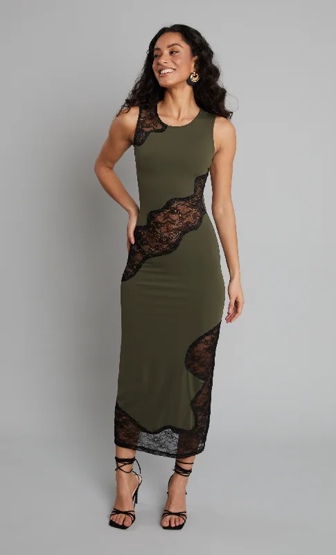Khaki Applique Lace Maxi Dress Cozy Cold-Shoulder Maxi Dress