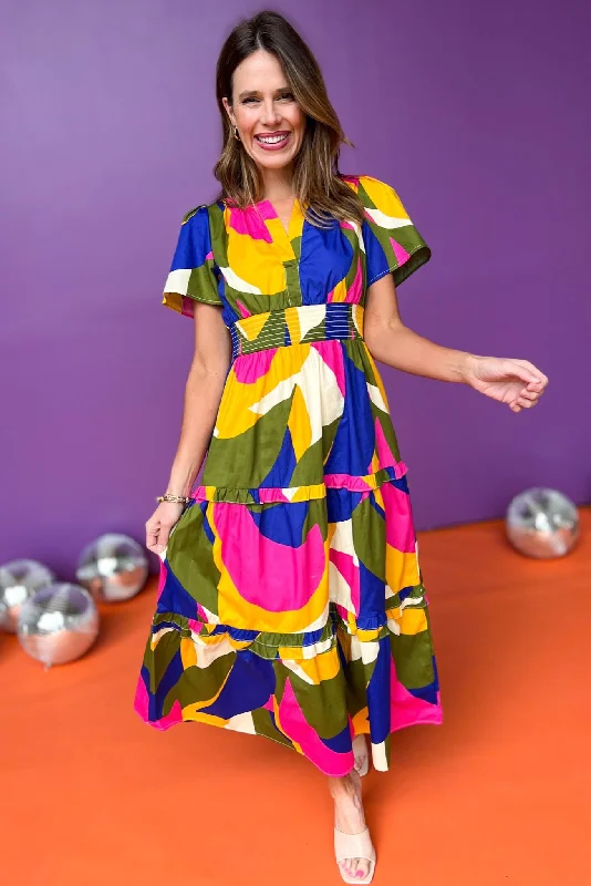 Khaki Multi Abstract Printed Poplin Tiered Maxi Dress *FINAL SALE* Chic Summer Floral Maxi Dress
