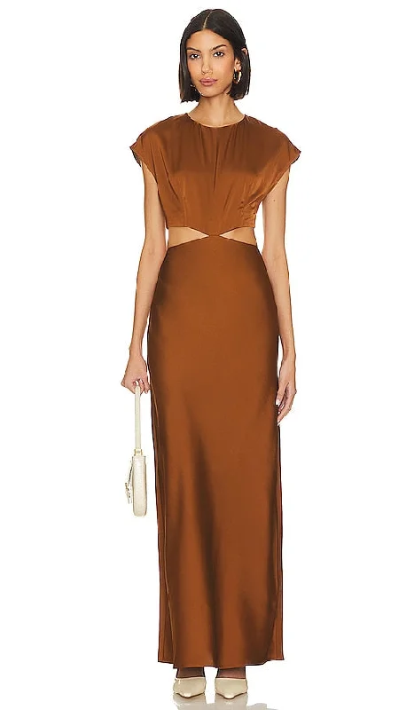 L'Academie Margrit Maxi Dress in Cognac Elegant Lace Maxi Dress