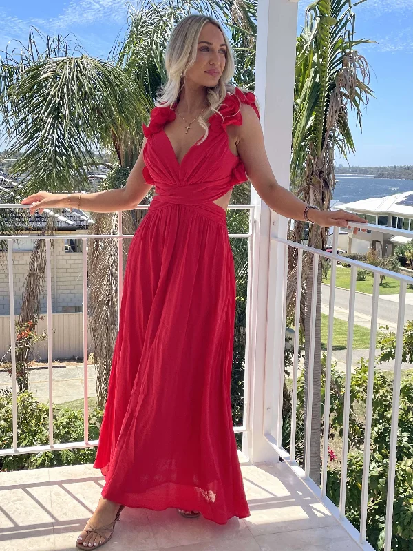 THE LACE UP BACK MAXI DRESS - RED Trendy Off-Shoulder Ruffle Maxi Dress