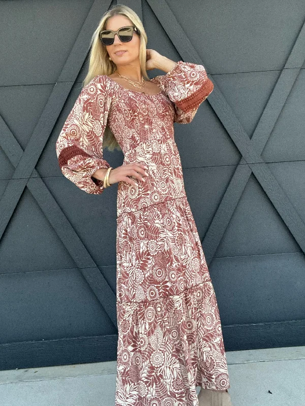 Long Sleeve Smocked Maxi Dress In Ginger Comfortable Maxi Dress with Belt