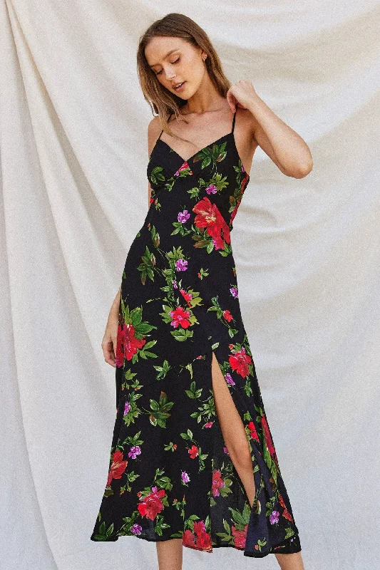 Love Line Black Floral Satin Maxi Dress Trendy A-Line Maxi Dress