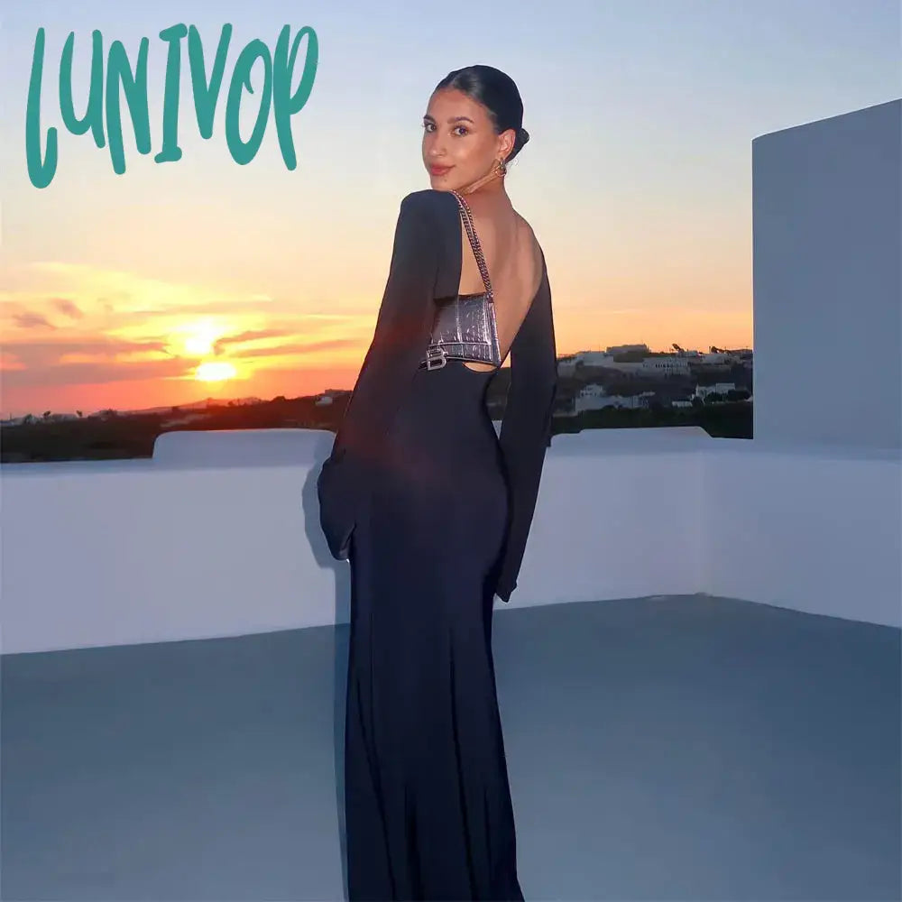 Lunivop Fashion Long Sleeve Summer Sexy Backless Knit Dresses Outfits Beachwear Elegant Robes Maxi Dresses Cover-Ups Solid Summer Dress Stylish Maxi Dress with Frills