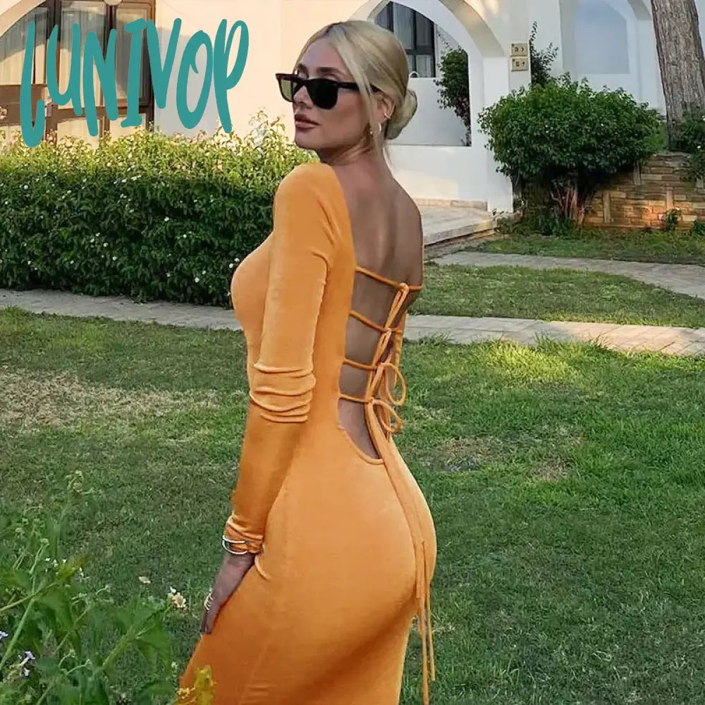 Lunivop Fashion Round Neck Knit Dresses Outfit for Women Long Sleeve Elegant Sexy Backless Bandage Maxi Dress  Club Vestido Fall Dress Women Elegant Maxi Dress with Pockets
