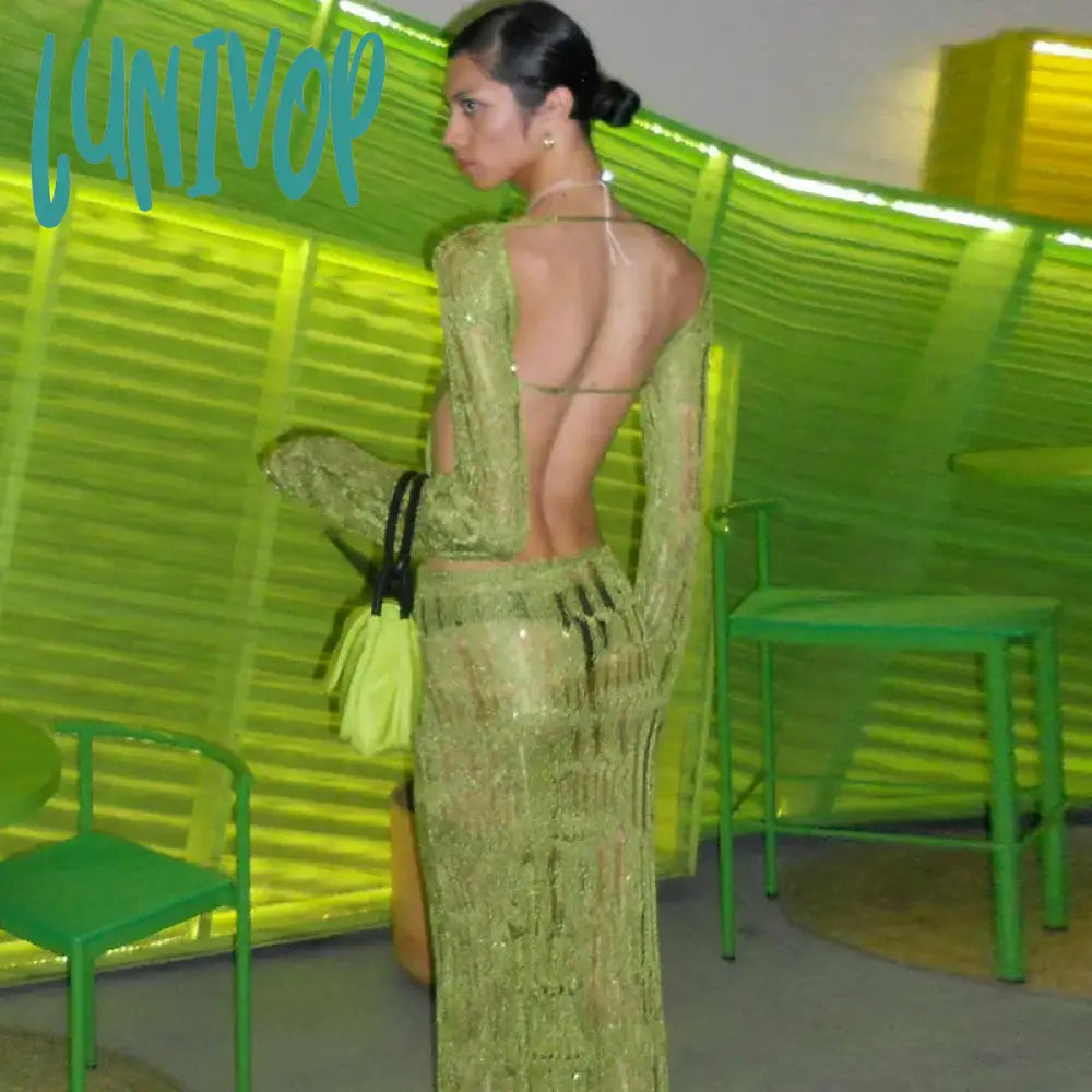 Lunivop Hollow Out Knitted Open Back Maxi Dresses Party Club Rave Festival Outfits Women Elegant Long Sleeve Sheer Dresses Summer Dress Elegant Boho Maxi Dress