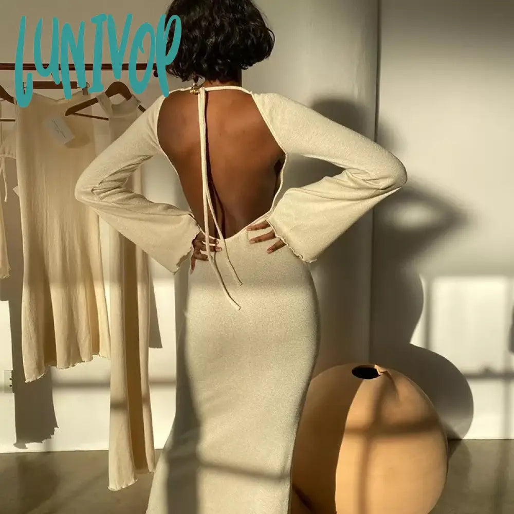 Lunivop Sexy Dress  Solid Knitted Open Back Flared Long Sleeve Maxi Dress Elegant Sexy Clothes for Women Fall Resort Wear Cozy Ribbed Maxi Dress