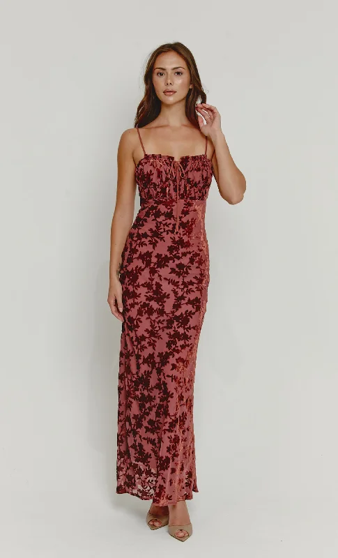 Mauve Devore Tie Front Maxi Dress Comfortable Pleated Maxi Dress