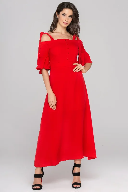 Red Cold Shoulder Bell Sleeves Maxi Dress Comfortable Maxi Dress with Slits