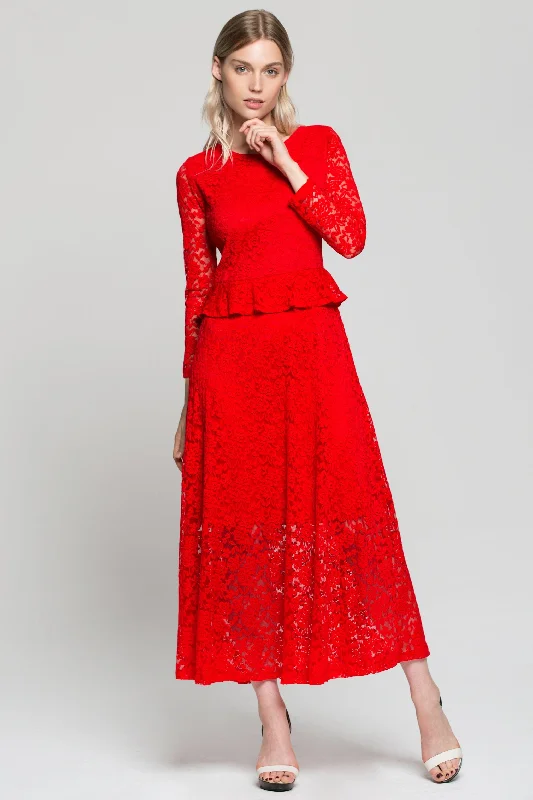 Red Floral Lace Peplum Maxi Dress Stylish One-Shoulder Maxi Dress