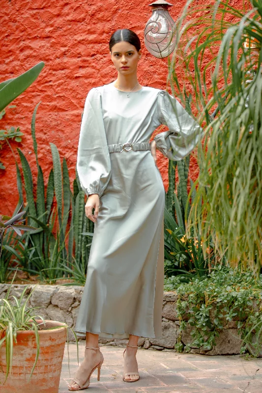Satin Metal Buckle Belt Maxi Dress (More Color Available)-CLEARANCE Trendy Ruffled Maxi Dress