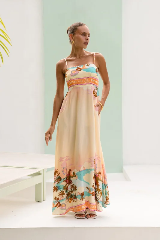 Summer Orange Pink Tropical Flared Maxi Dress Fashionable Sheer Maxi Dress
