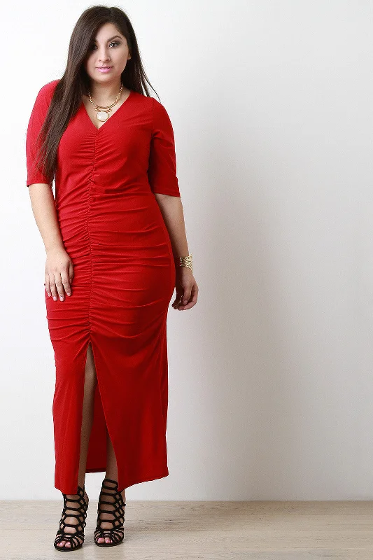 Round Stone Necklace Ruched Maxi Dress Trendy Short Sleeve Maxi Dress