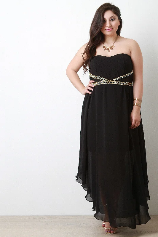 Rhinestone Embellished Strapless Sweetheart Maxi Dress Chic Off-Shoulder Maxi Dress