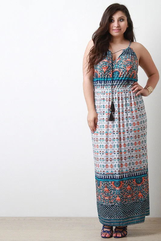 Patterned Print Cinched Waist Sleeveless Maxi Dress Comfortable Casual Maxi Dress