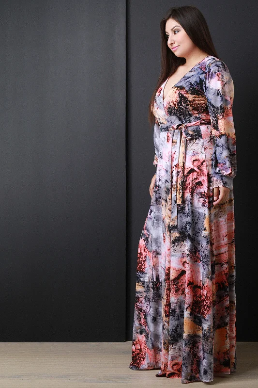 Paint Abstract Print Surplice Long Sleeves Maxi Dress Stylish One-Shoulder Maxi Dress