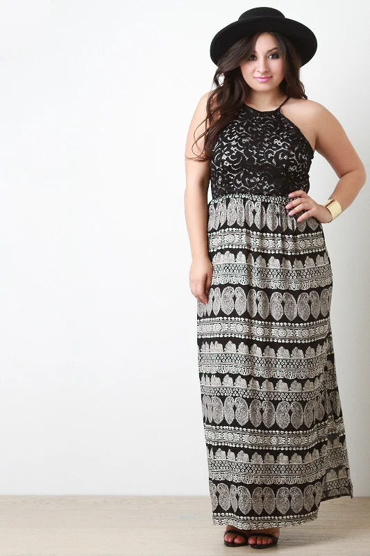 Plus Size Lace And Paisley Contrast Maxi Dress Fashionable Halter Neck Maxi Dress