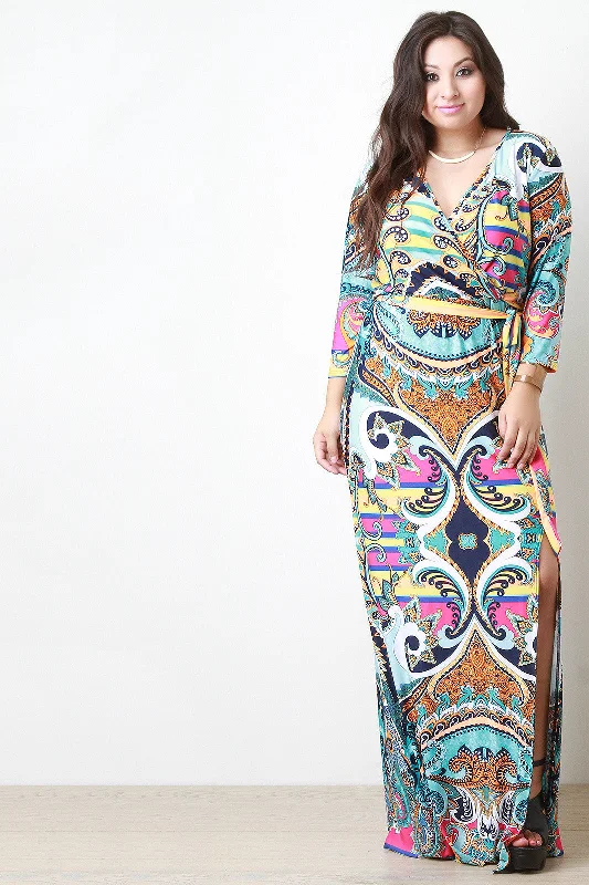 Paisley Surplice Slit Maxi Dress Trendy Maxi Dress with Belt