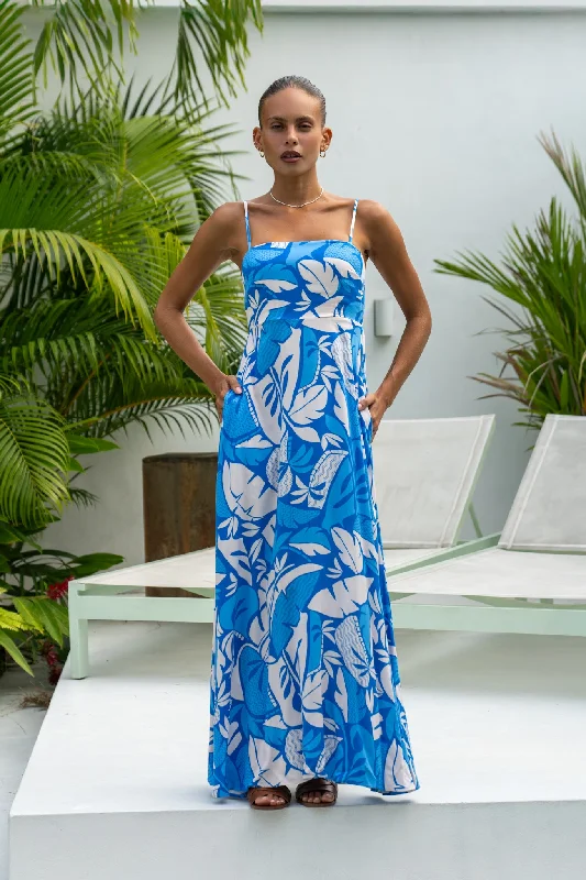 Vale Blue Tropical Flared Maxi Dress Fashionable Sleeveless Maxi Dress
