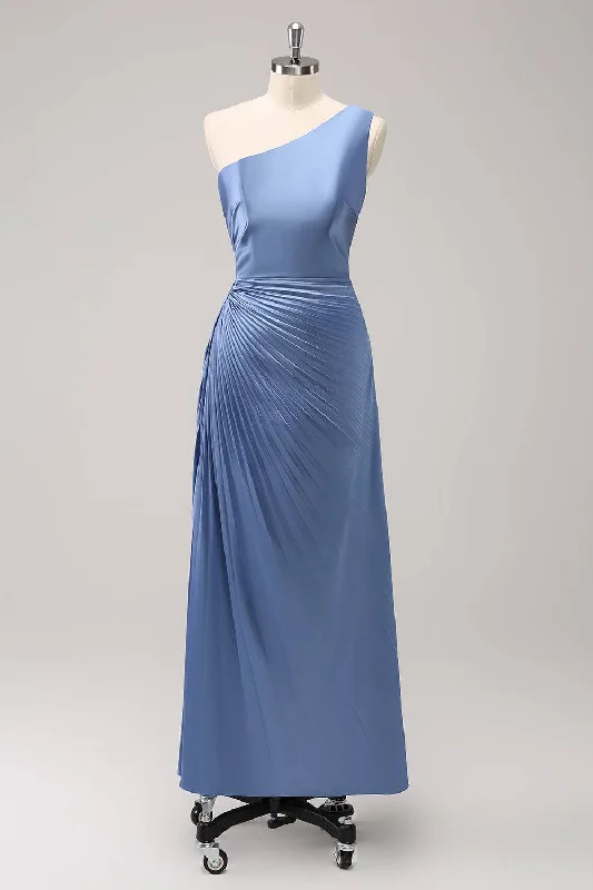 Blue One Shoulder Keyhole Ruched Satin Maxi Dress Chic Off-Shoulder Maxi Dress