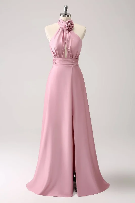 Halter Blush Pink Rosette Slit Maxi Dress Stylish Pleated A-Line Maxi Dress