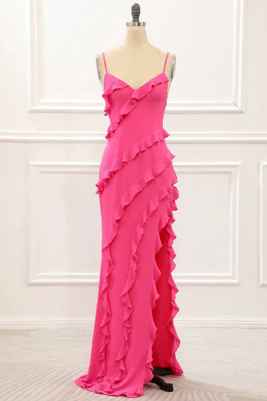 V-Neck Straps Hot Pink Ruffle Maxi Dress with Slit Comfortable Fit-and-Flare Maxi Dress