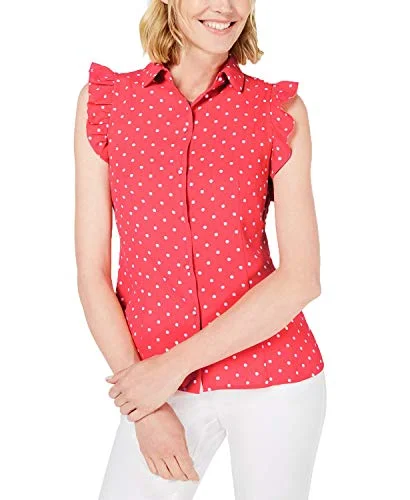 Anne Klein Dot-Print Ruffle-Sleeve Shirt (Cape Cod/Anne White, 8) Front Pockets Side Pockets Patch Pockets Anne Klein Dot-Print Ruffle-Sleeve Shirt (Cape Cod/Anne White, 8) Front Pockets Side Pockets Patch Pockets