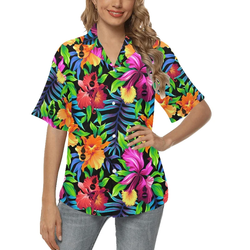 Bright Tropical Flowers With Leaves And Pisspots AMMO Womens Hawaiian Shirt Terry Blend Velvet Blend Canvas Blend