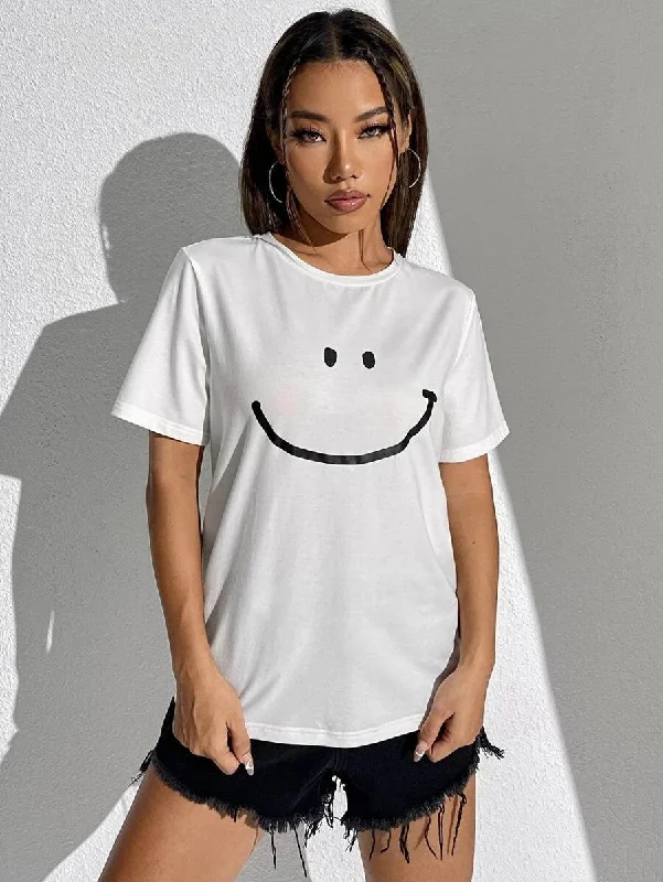 Womens Round Neck Printed White T.shirts Jersey Fabric Tulle Fabric Batik Fabric