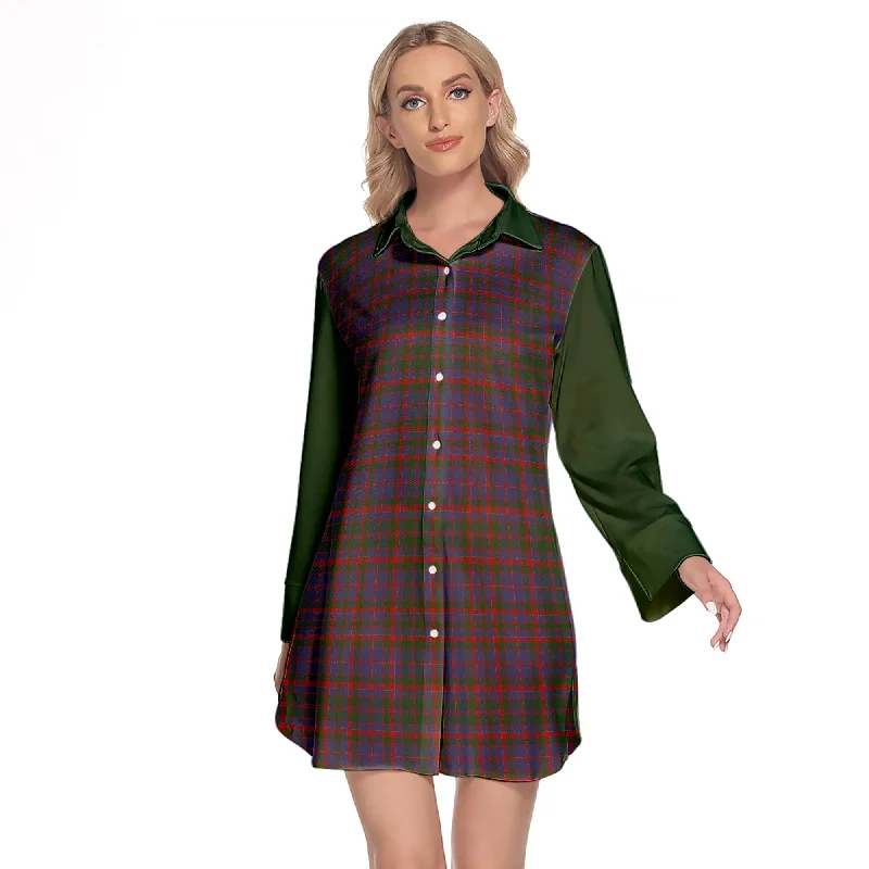 Cumming Tartan Women's Lapel Shirt Dress With Long Sleeve Solid Color Striped Floral Cumming Tartan Women's Lapel Shirt Dress With Long Sleeve Solid Color Striped Floral