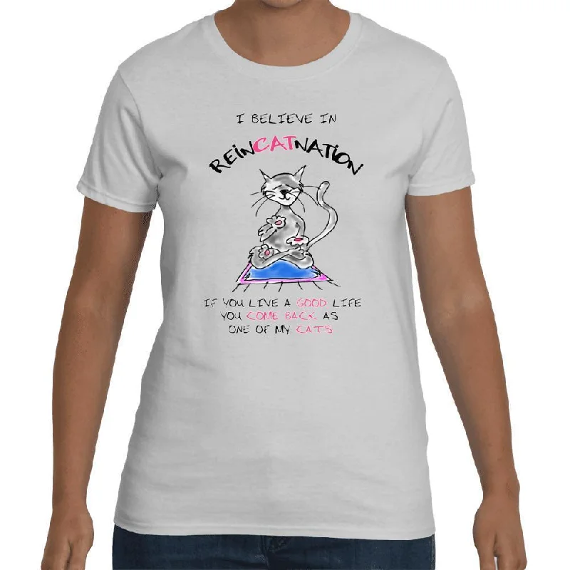 I Believe in ReinCATnation T-shirt for Women Denim Fabric Leather Fabric Suede Fabric