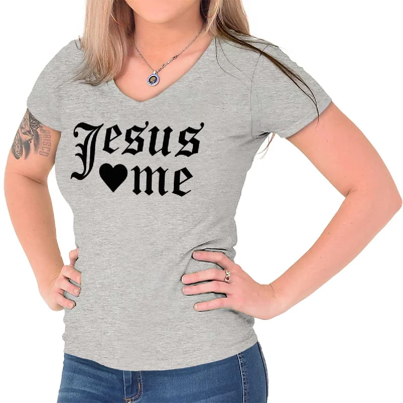 Jesus Hearts Me Junior Fit V-Neck T-Shirt Chenille Blend Fleece Blend Nylon Blend