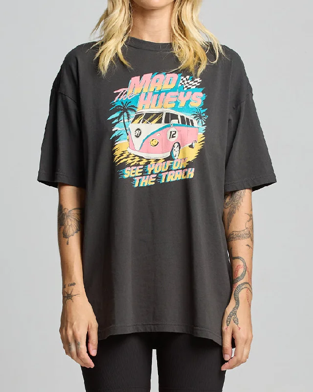 The Mad Hueys SEE YOU ON THE TRACK | WOMENS OVERSIZED SS TEE Zippered Buttoned Snapped The Mad Hueys SEE YOU ON THE TRACK | WOMENS OVERSIZED SS TEE Zippered Buttoned Snapped