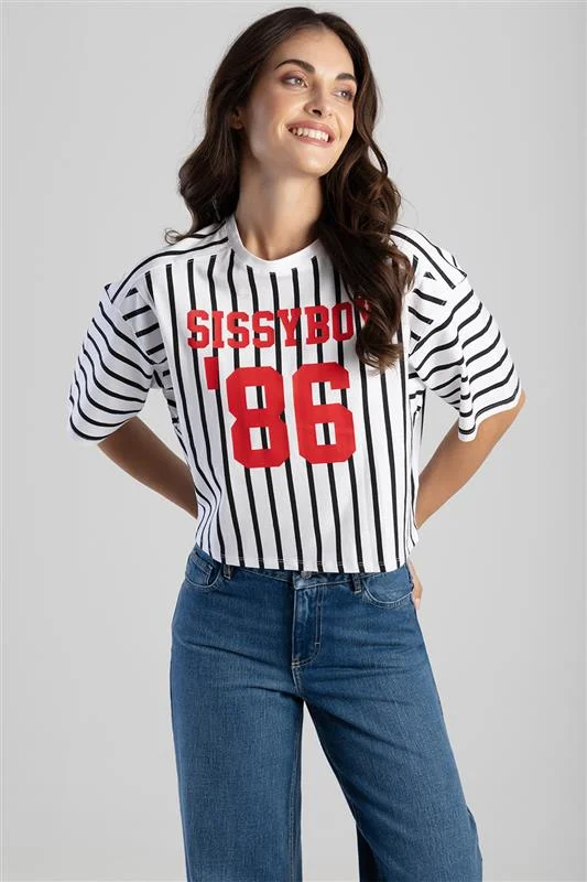 Sissyboy T31532 Stripe Boxy Oversized Print Logo T-Shirt Black/White Basic T-Shirt Crew Neck Short Sleeve