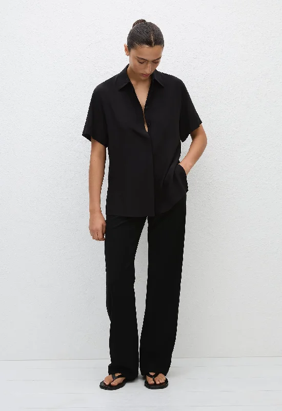 Short Sleeve Shirt - Black Cashmere Blend Cotton Blend Poly Blend