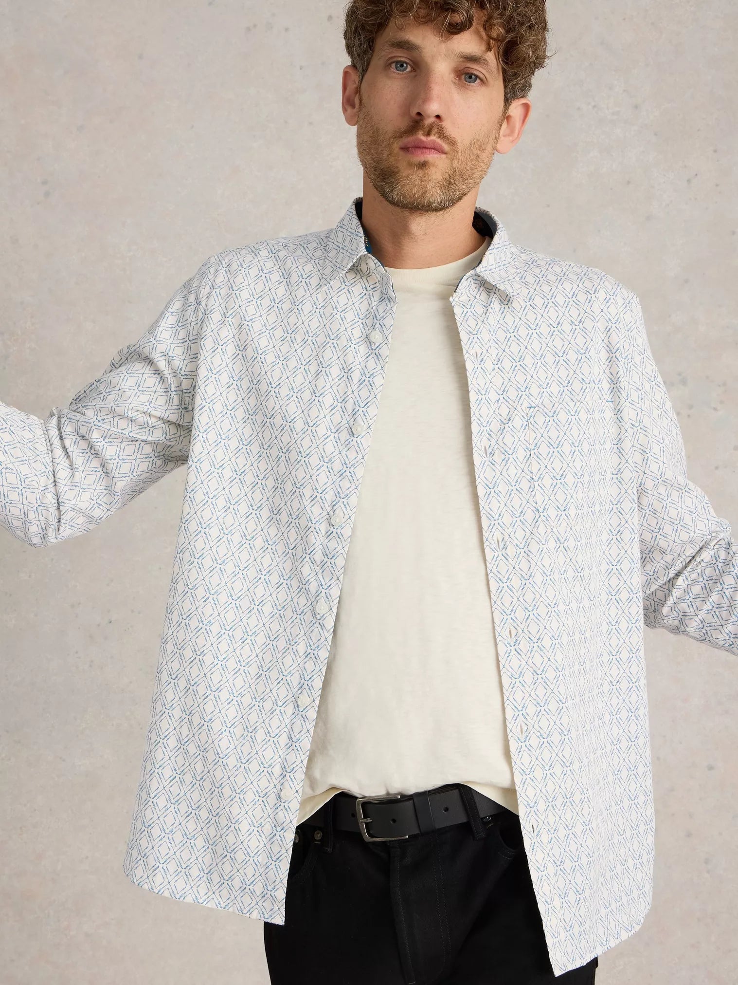 WHITE STUFF - DIAMOND SQUIGGLE PRINT SHIRT Embroidered Appliqued Beaded