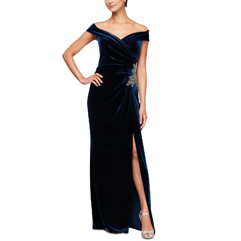 Alex Evenings Womens Petites Velvet Embroidered Evening Dress