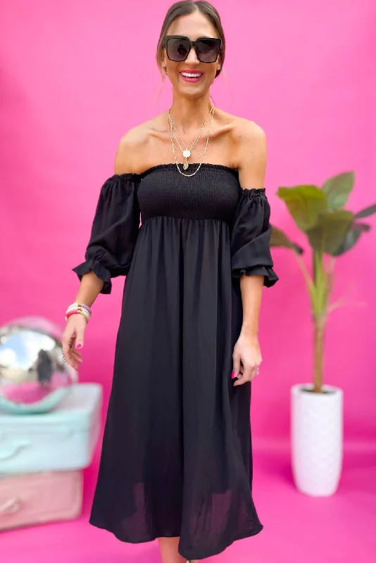 Black Smocked Bubble Sleeve Square Neck Dress