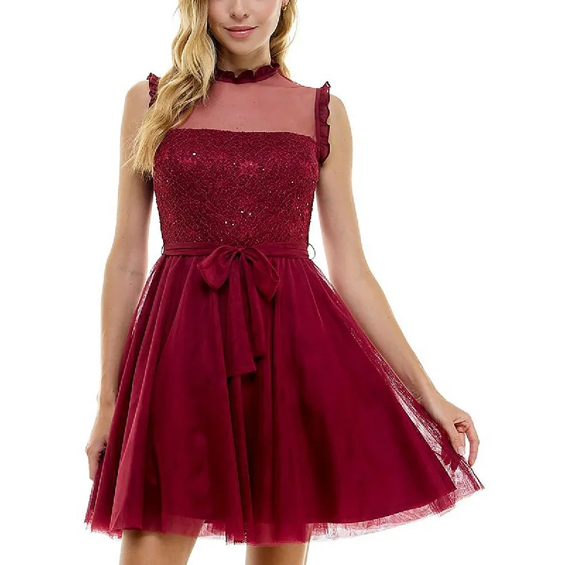City Studio Womens Juniors Ruffled Mesh Fit & Flare Dress